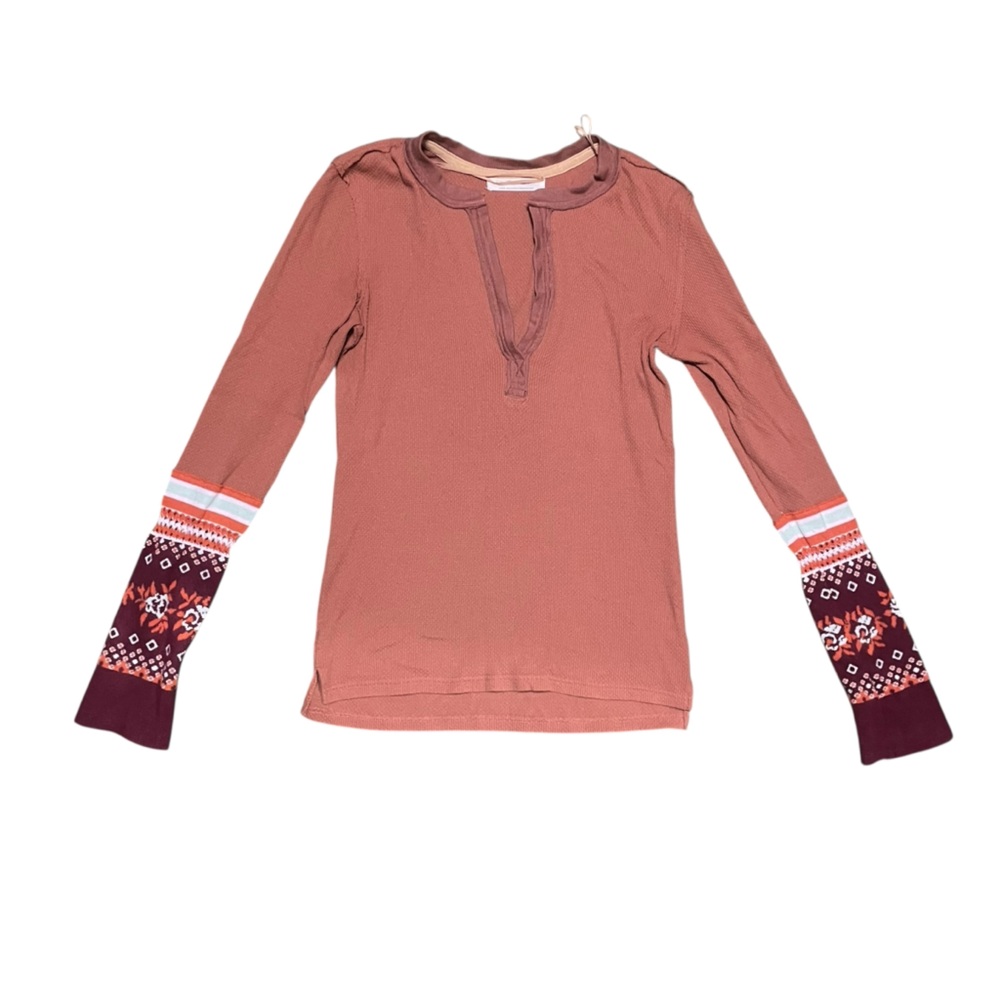 Free People Rust Waffle Henley with Patterned Maroon Cuffs - Picture 4 of 10